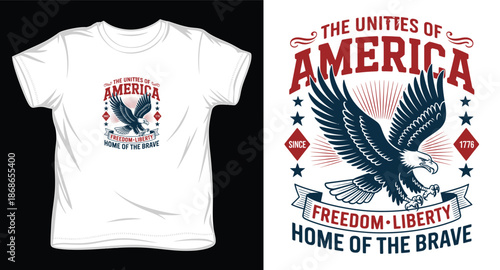 Retro american graphic on white shirt featuring patriotic eagle liberty and founding year