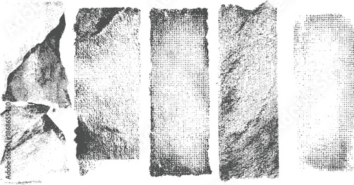 Set of crumpled and torn paper textures with fine dot and line patterns in grayscale for distressed applications