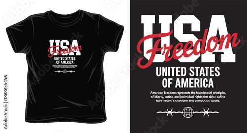 Black tshirt graphic declaring usa freedom principles framed by barbed wire globe icon