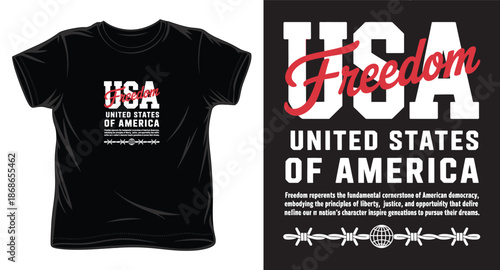 American freedom themed tshirt design featuring script typography and barbed wire graphic on black background