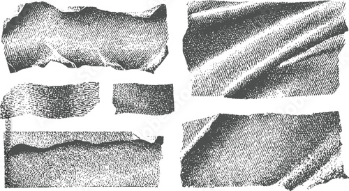 Group of creased and ripped paper textures with detailed line patterns and folds in monochrome grayscale for artistic backgrounds