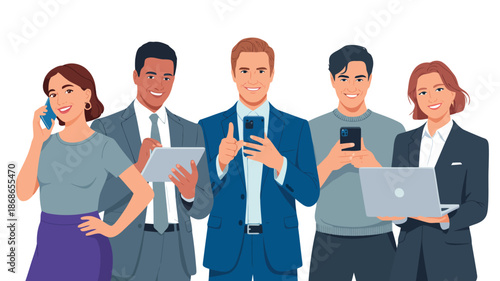 Diverse business professionals enthusiastically using digital devices like smartphones tablets and laptops for success