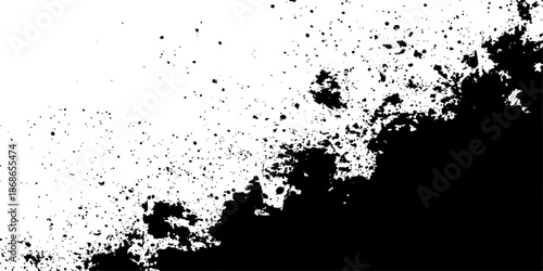 Grunge black ink splat design featuring a dirty spray texture and artistic splatter pattern on a stained paper background with a decorative paint border frame illustration