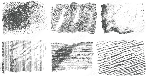 Collection of six distressed grunge textures and abstract background featuring speckled dots and linear patterns