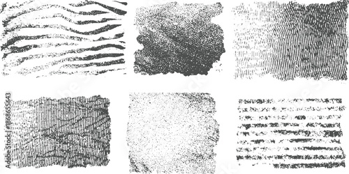 Set of six abstract grunge textures and background showcasing speckled patterns and wavy stripe
