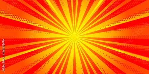 Dynamic anime explosion background with radial comic speed lines and halftone dots - bright burst effect radiating from center for manga panels, action scenes, superhero graphics or retro pop art.