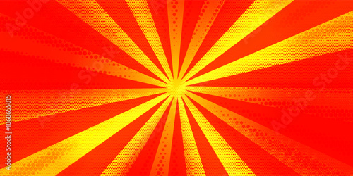 Dynamic anime explosion background with radial comic speed lines and halftone dots - bright burst effect radiating from center for manga panels, action scenes, superhero graphics or retro pop art.