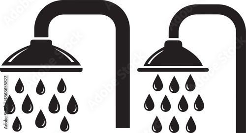 Two black shower heads with water droplets isolated on for bathroom or plumbing concepts