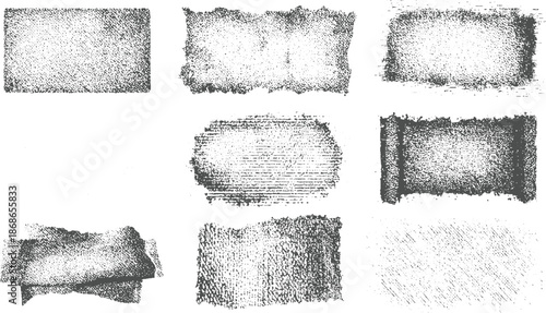 Assortment of nine textured grunge rectangular and backgrounds featuring rough edges, speckled patterns, and linear textures for creative projects