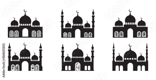 Set of detailed mosque silhouettes featuring arched windows and prominent domes for religious sites