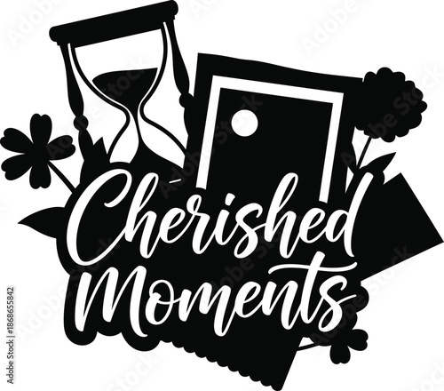 Cherished Moments Photo Frames Camera Vector Black Hand Drawn Typography Logo Emblem Badge Icon Silhouette Vintage Retro Graphic Memory Art Picture Photography