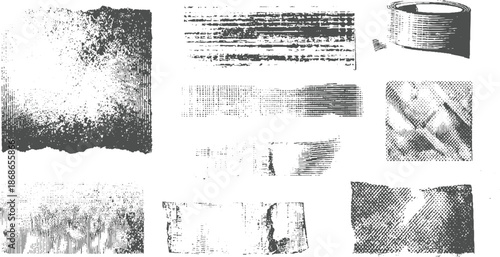 Diverse collection of nine grunge textures including torn paper, linear patterns, speckled areas, and a coiled for creative overlays