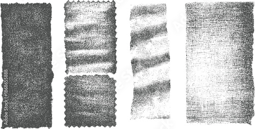 Four vertical grunge fabric textures with rough frayed edges and woven patterns for artistic backgrounds and in monochrome