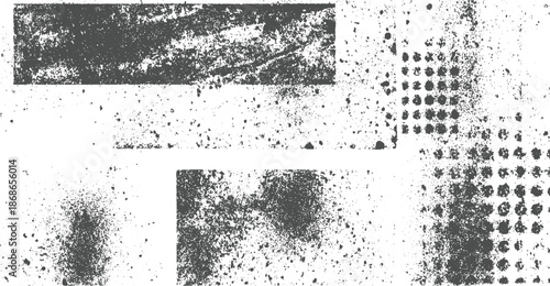 A compilation of five distinct grunge textures and abstract in dark gray and white, featuring distressed surfaces, ripped edges, and halftone dot patterns for versatile applications