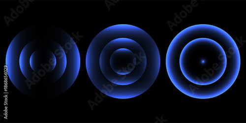 Sonic waves, WiFi signal glowing elements, radar sensor light effects, round wireless network neon symbols. Vector illustration.