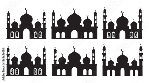 Arabic building silhouette icons for islamic holiday celebration featuring various mosque structures
