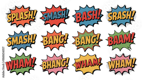 Dynamic comic book explosion bubbles featuring various sound effect words in a pop art style