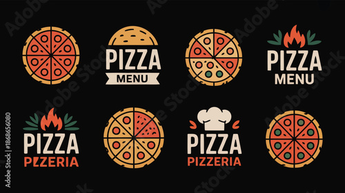 Eight charming and versatile pizza restaurant logos featuring various slices and whole pies on a dark backdrop