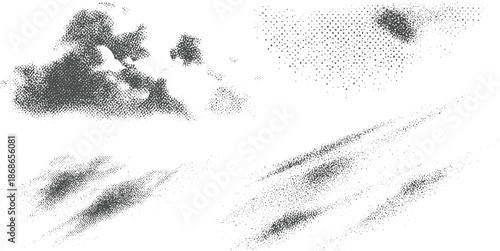 Assortment of abstract grayscale stippled and textured including cloud-like forms and diagonal lines on a white backdrop for