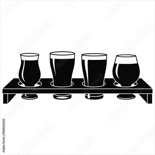 Craft beer flight paddle with multiple glasses silhouette representing brewery tasting and modern beer culture in black and white