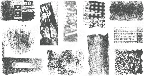 Assortment of textured grunge including text fragments, splatters, and abstract patterns for distressed overlays and artistic backgrounds