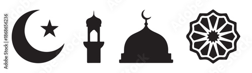 Four solid black silhouette vector icons depicting religious symbols like moon star minaret dome and pattern