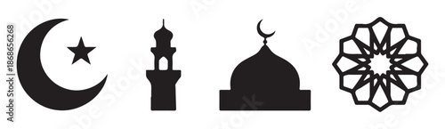Four simple black silhouette vector graphics of essential islamic symbols moon star minaret and mosque dome