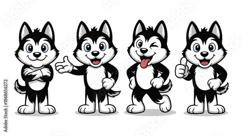 Group of four animated husky dog characters displaying diverse joyful expressions and actions