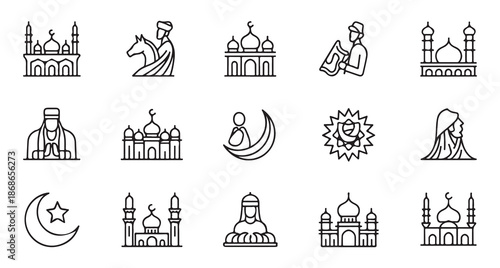 Collection of fifteen thin line outline icons depicting various islamic culture religious people and architecture