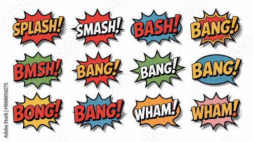 Group of vivid comic book style sound effect bubbles with classic pop art design and halftone textures