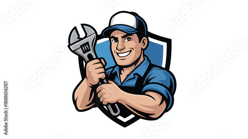 Happy plumber or handyman wearing a cap and holding a large adjustable wrench with a shield emblem