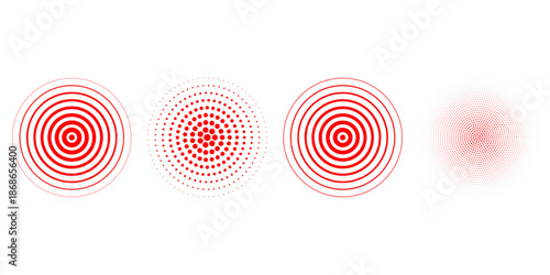 Red concentric ripple circles set. Sonar or sound wave rings collection. Epicentre, target, radar icon concept. Radial signal or vibration elements. Halftone vector illustration
