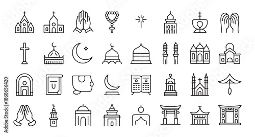 Set of diverse religious symbols and places of worship icons outline style