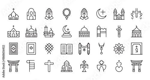 Religious symbol collection, set of christian, islamic, and other spirituality line icons