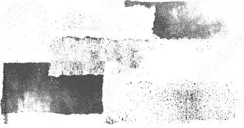 Abstract composition of torn paper fragments with varying dot and grain textures in grayscale, creating a distressed background effect