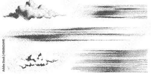 Abstract monochrome stippled cloud formations and linear textures created with fine dots and granular patterns on a white background