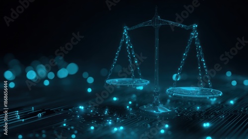 Digital scales of justice on circuit board