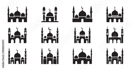Multiple mosque silhouette variations detailed with domes and minarets for Islamic themes