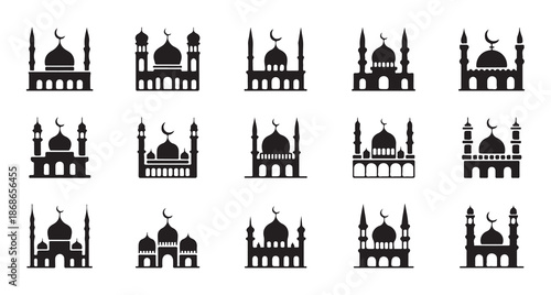 Collection of black silhouette mosque icons with domes and minarets distinct designs