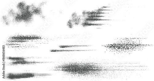 Collection of abstract monochrome stippled including cloud shapes and linear streaks rendered with varying dot densities and granular textures