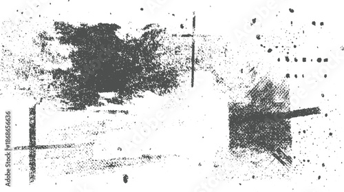 Abstract monochrome composition with distressed paint splatters, smudges, and geometric lines, creating a chaotic yet artistic and textured background