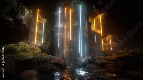 Illuminated cavern landscape with neon lights and flowing waterfall.
