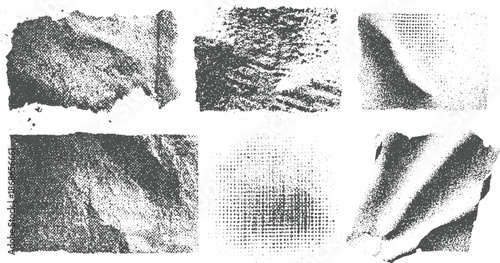 A set of six diverse monochrome abstract textures with a strong grunge and distressed feel, showcasing varied patterns of dots, lines, and rough surfaces