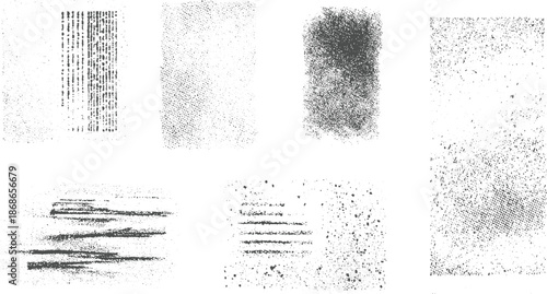 A collection of eight monochrome abstract textures and patterns, including linear dot patterns, and grainy surfaces, overlays