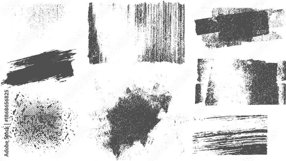 Obraz premium Assortment of nine monochromatic grunge textures showcasing brush strokes, splatters, and granular patterns artistic overlays and backgrounds