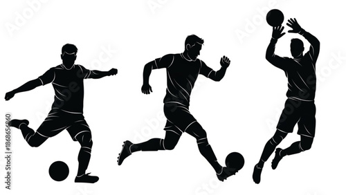 Dynamic soccer players in action poses with balls