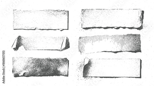 Collection of six distressed torn paper banners with rough edges and textured surfaces in monochromatic shades, grunge