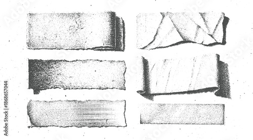 Assortment of six rolled and torn paper featuring varied textures and crumpled folds, adding a tactile and vintage feel to