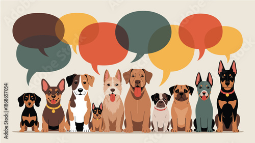 Various adorable dogs are happily sitting in a row with vibrant speech bubbles overhead