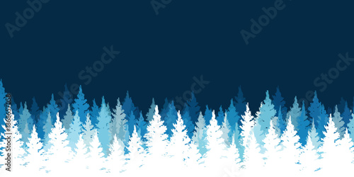 Vibrant blue and white stylized pine tree forest against a deep navy sky at winter